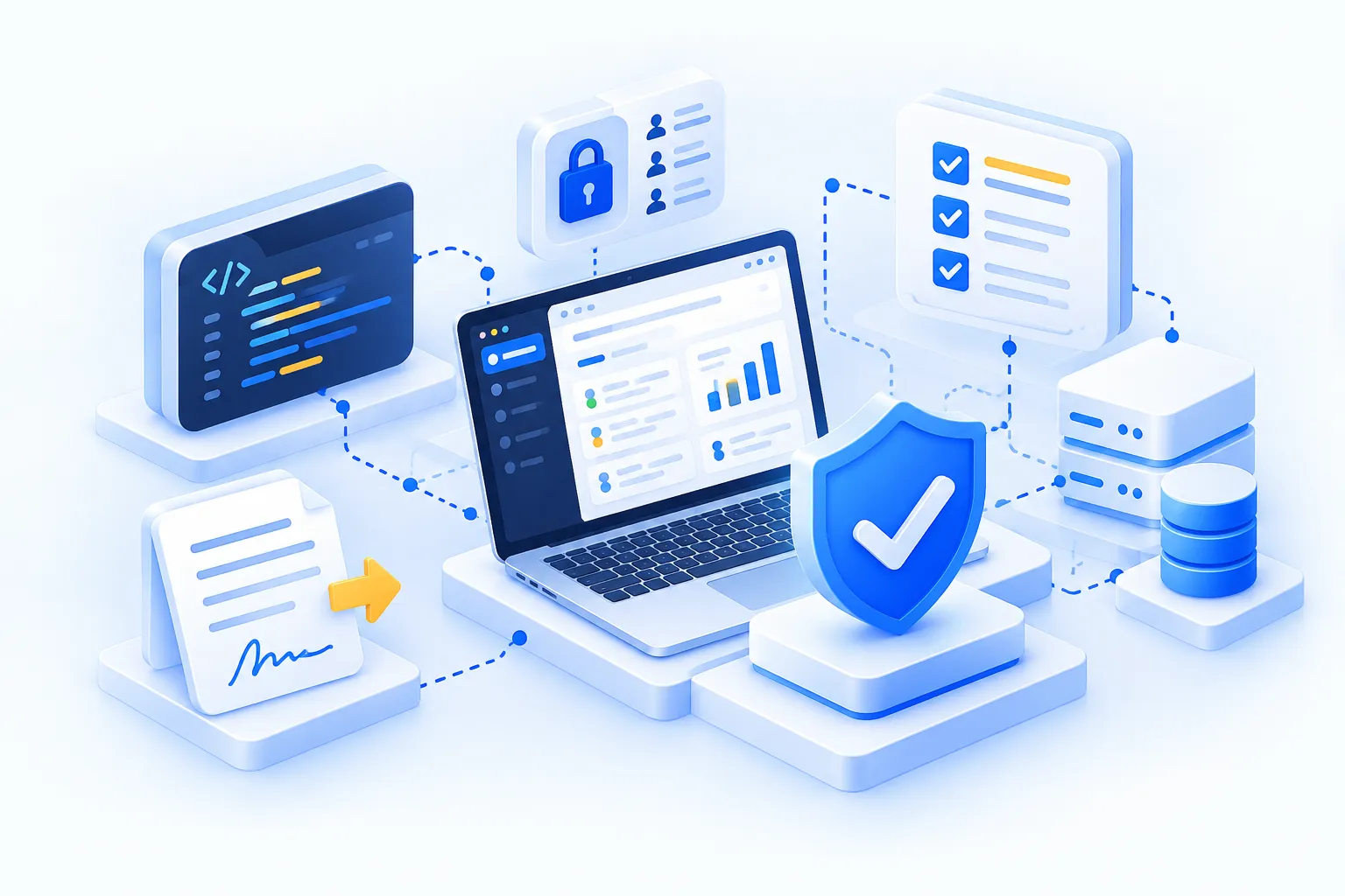 Illustration of CRM code ownership, customer data handling and a documented handover secured by a shield.