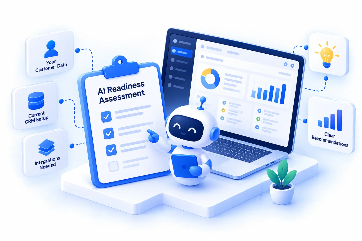 Illustration of a free AI Readiness Assessment checklist reviewing your systems, data and integrations.