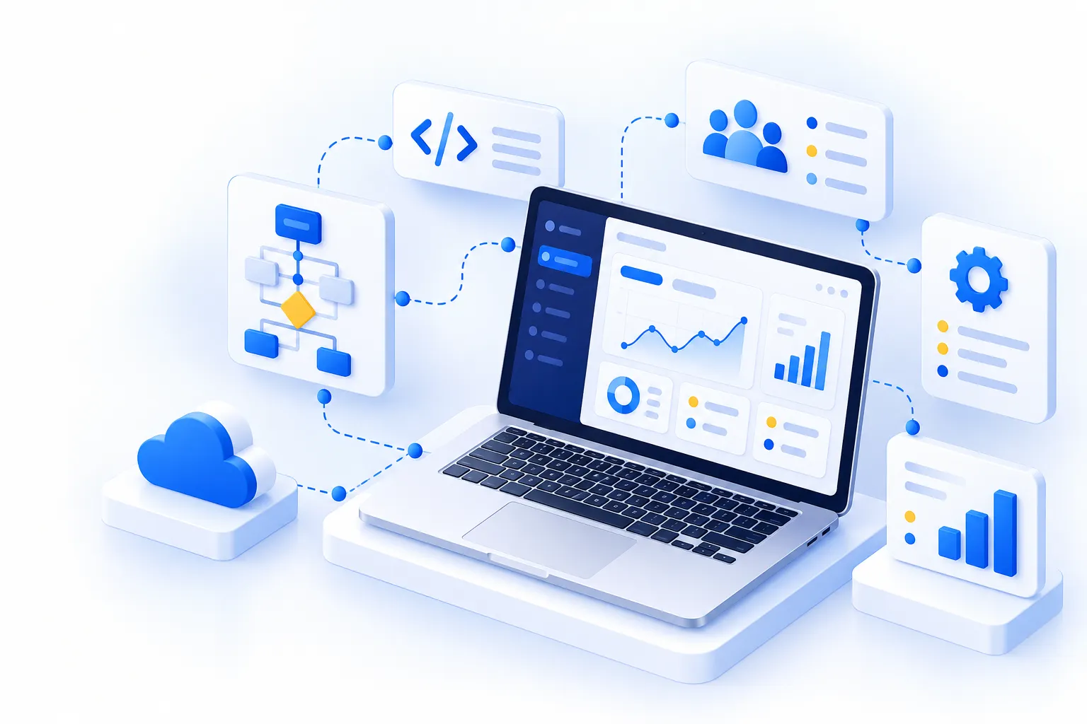 Isometric illustration of a custom software dashboard connected to code, workflow, users and analytics modules.