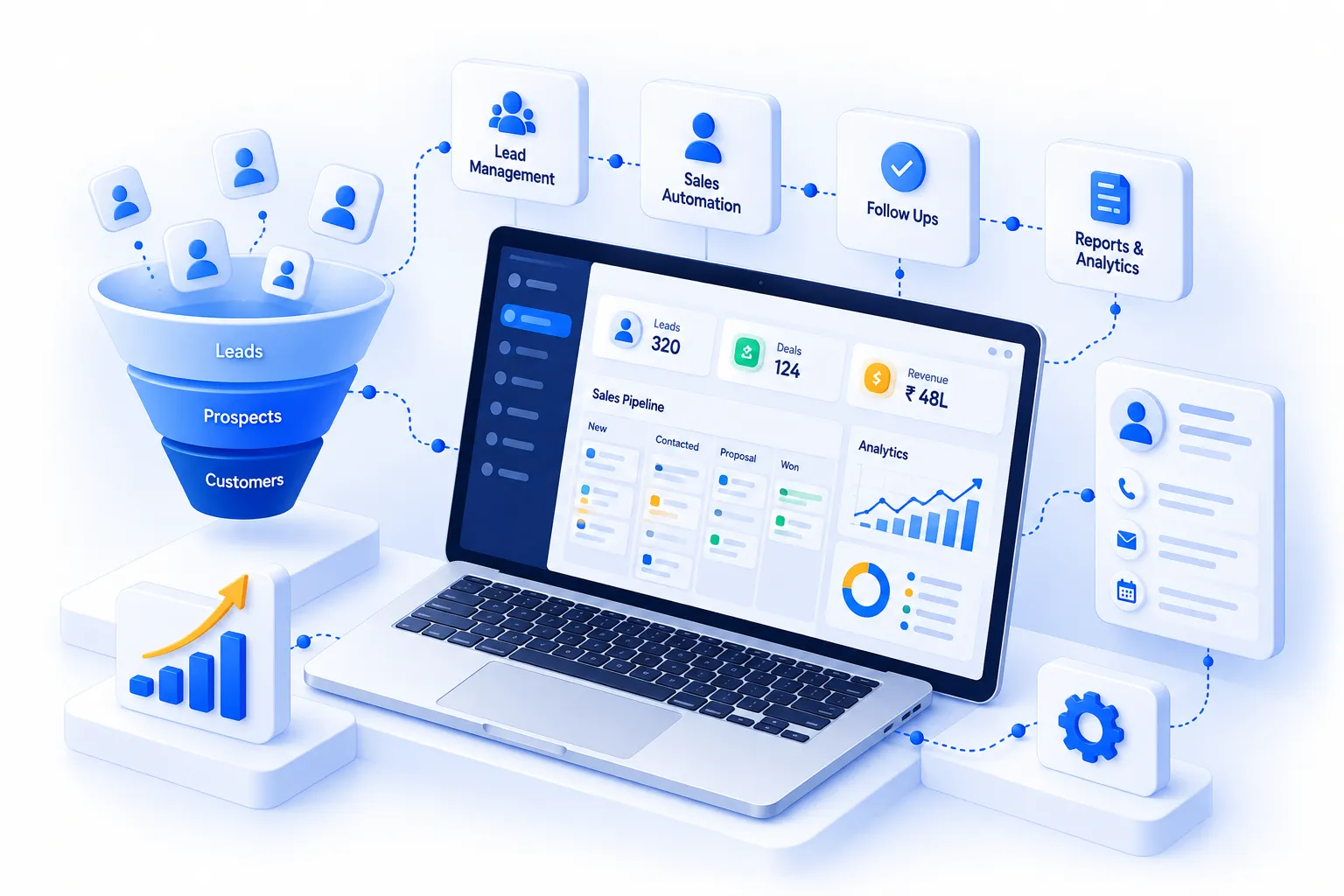 Isometric illustration of a CRM sales pipeline from leads to customers with lead management, automation, follow-ups and reporting.