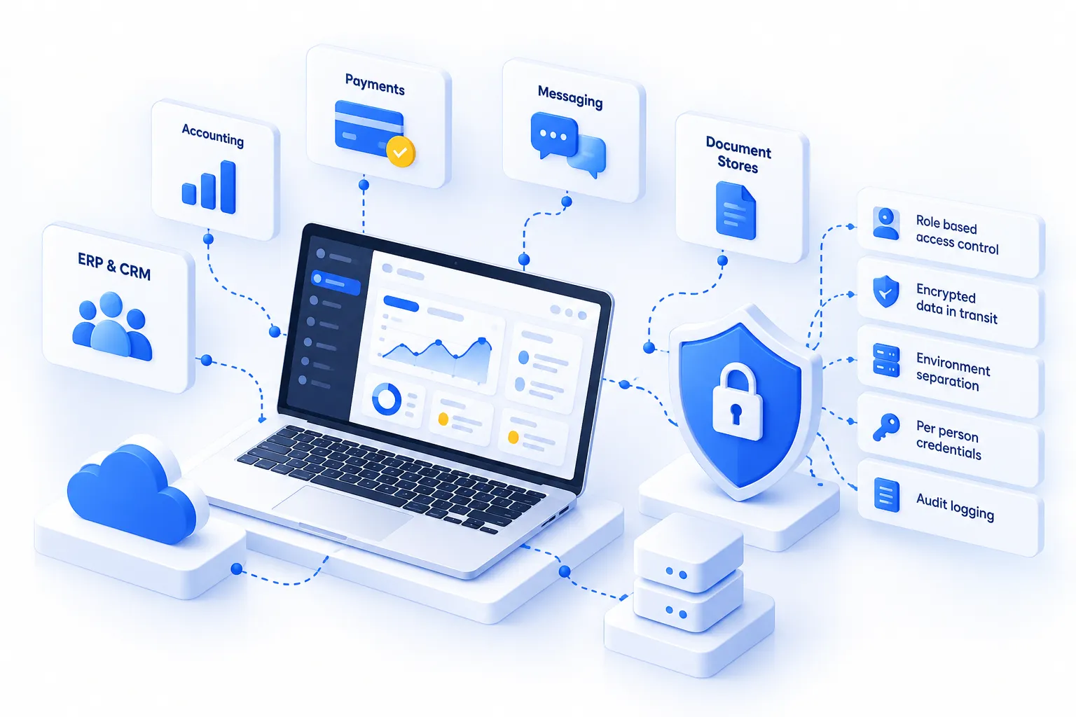 Illustration of custom software integrated with accounting, payments, messaging and ERP, secured by role-based access, encryption and audit logging.
