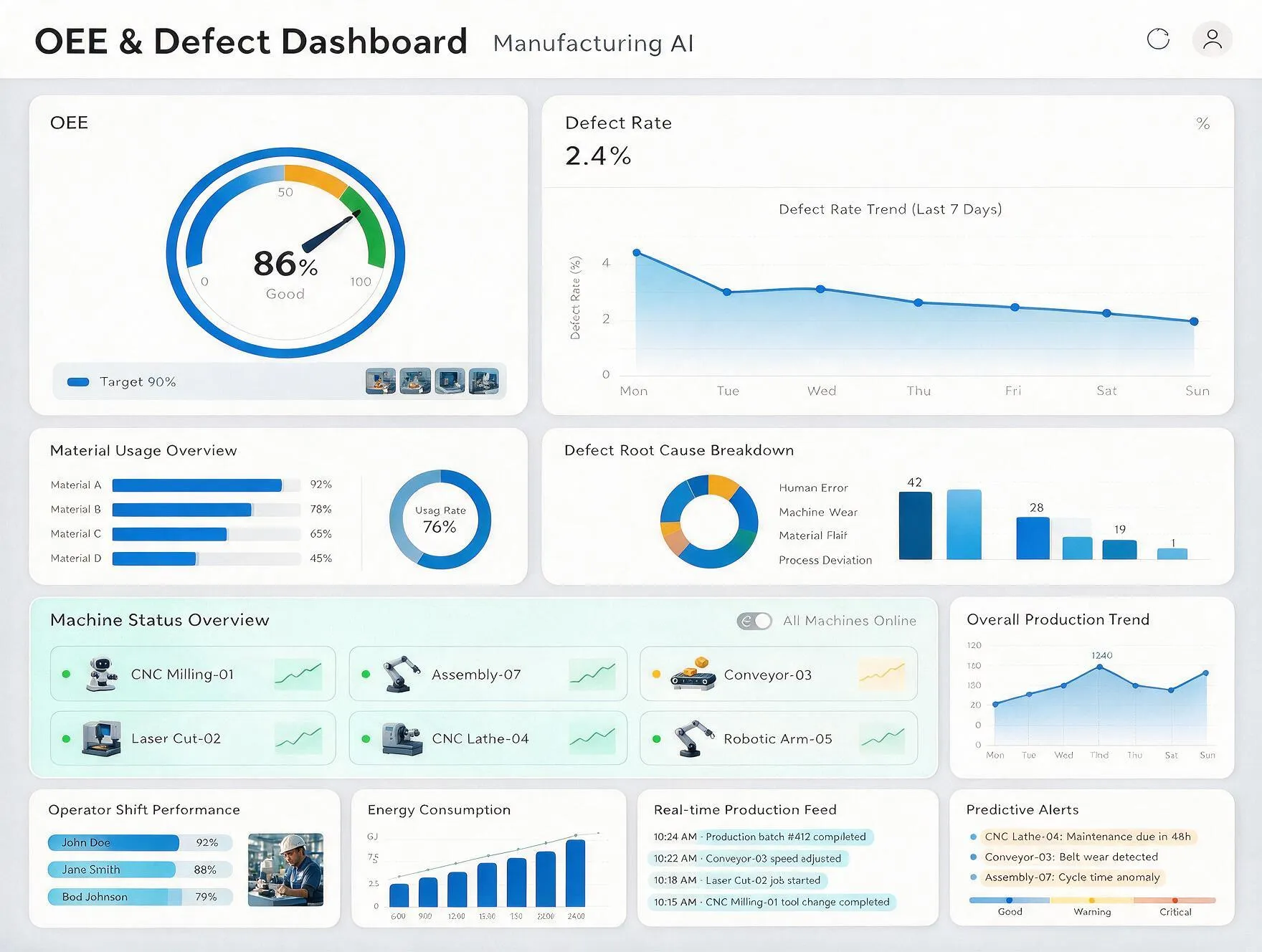 Manufacturing AI dashboard showing OEE percentage, defect rate trend, material usage, defect root cause breakdown, live machine status, and predictive maintenance alerts
