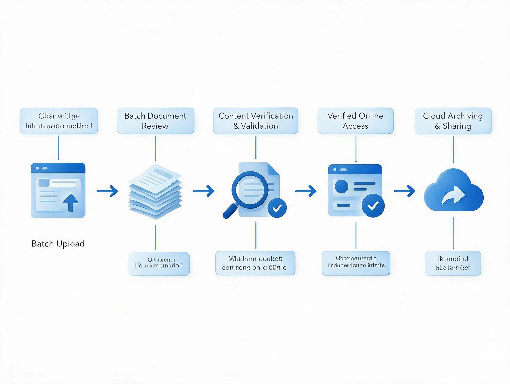 Document processing flow for financial paperwork: batch upload, batch document review, content verification and validation, verified online access, and cloud archiving and sharing
