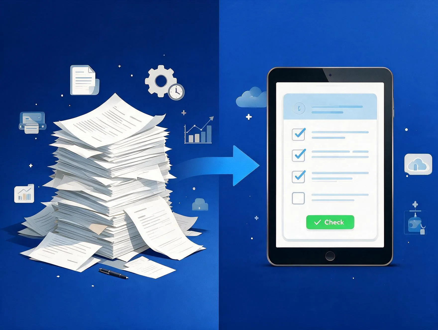 Comparison of a large stack of paper loan files versus a digital decision-ready checklist on a tablet with completed checks