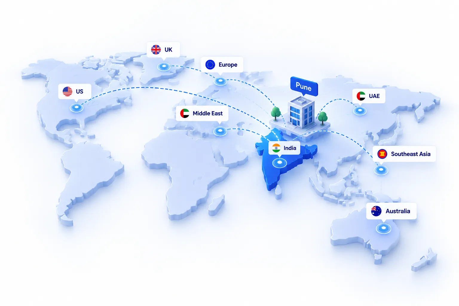 World map showing Accucia delivering from Pune to clients across India, the US, UK, Europe, the Middle East, Australia and Southeast Asia.