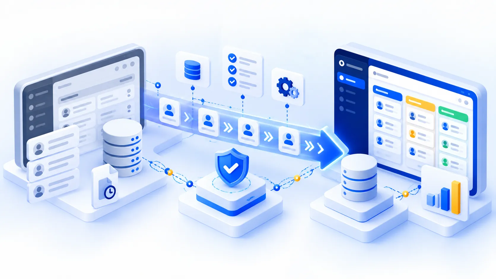 Illustration of CRM data migrating from an old system to a new one, protected by a security shield.