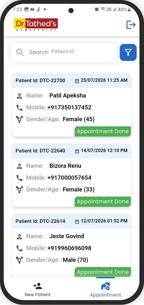 Appointment list on the doctor's mobile app