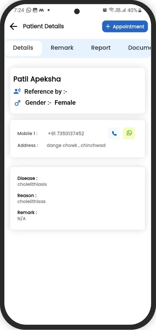 Patient details screen on the doctor's mobile app