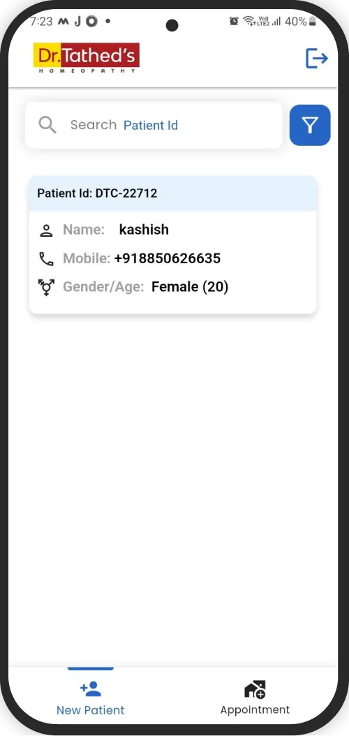 New patient search on the doctor's mobile app