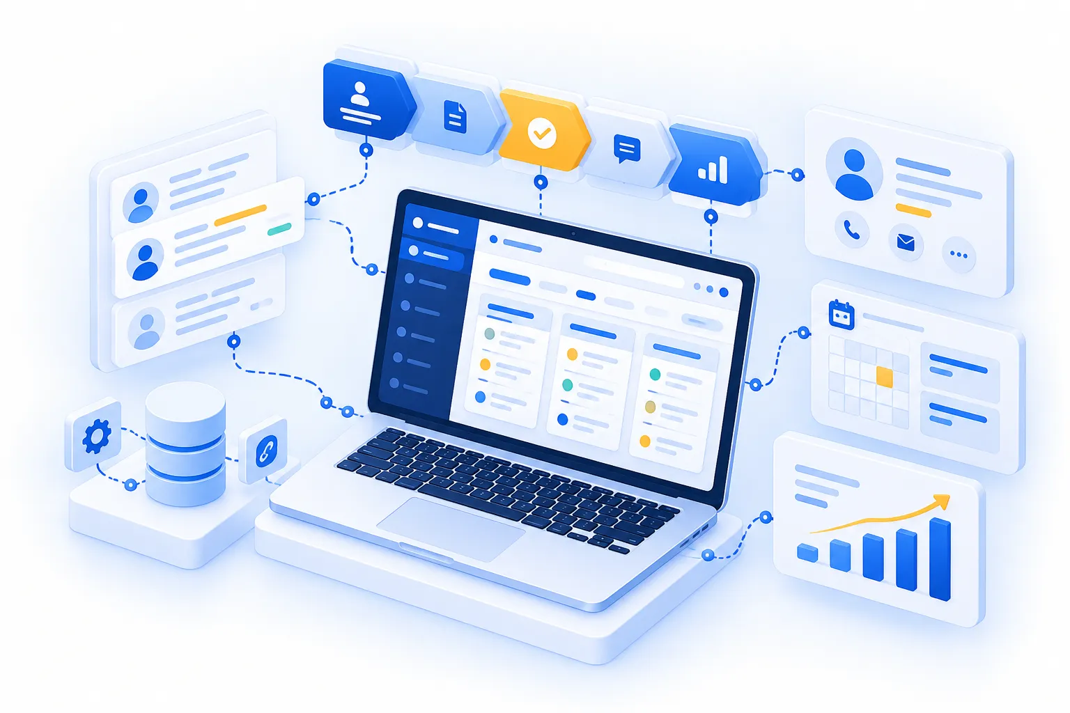 Isometric illustration of a custom CRM dashboard with contacts, messaging and analytics.